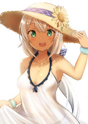 Rule 34 | 1girl, :d, absurdres, arm up, bare shoulders, blush, breasts, cleavage, collarbone, commentary request, dress, flower, green eyes, hair between eyes, hand on headwear, hat, hat flower, highres, long hair, medium breasts, open mouth, original, round teeth, shibakame, silver hair, simple background, skirt hold, sleeveless, sleeveless dress, smile, solo, straw hat, sunflower, teeth, upper teeth only, very long hair, white background, white dress, yellow flower