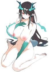 Rule 34 | 1girl, arknights, ateoyh, between legs, black hair, blush, breasts, breath, closed mouth, colored skin, commentary, completely nude, covering crotch, covering privates, dragon horns, dragon tail, dusk (arknights), earrings, expressionless, flame-tipped tail, full body, green hair, green horns, green skin, hair over one eye, hand between legs, hand on own chest, highres, horns, jewelry, large breasts, long hair, looking at viewer, multicolored hair, multicolored skin, navel, nipples, nude, pointy ears, red eyes, simple background, sitting, sketch, soles, solo, streaked hair, sweat, tail, tassel, tassel earrings, two-tone hair, two-tone skin, wariza, white background