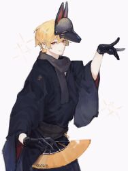 Rule 34 | 1boy, bingbuliguozi, black gloves, black kimono, blonde hair, fate (series), fox mask, fox shadow puppet, gilgamesh (fate), gloves, grin, japanese clothes, kimono, long sleeves, looking at viewer, male focus, mask, mask on head, red eyes, smile, smug, solo, wide sleeves