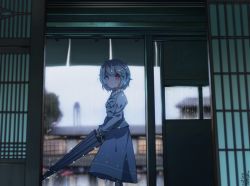 Rule 34 | 1girl, blue eyes, blue hair, blue skirt, blue umbrella, blue vest, blurry, blurry background, building, commentary request, dated, day, depth of field, doorway, feet out of frame, focused, frilled sleeves, frills, from side, hair between eyes, heterochromia, holding, holding umbrella, juliet sleeves, long sleeves, looking at viewer, notice lines, puffy sleeves, rain, red eyes, shirt, short hair, shouji, signature, skirt, skirt set, sliding doors, solo, standing, tami (joemanyodw), tatara kogasa, touhou, umbrella, vest, water drop, water tank, wet, wet clothes, wet hair, white shirt