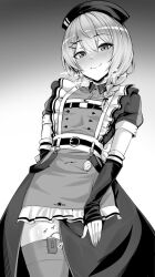 Rule 34 | 1girl, apron, belt, blush, braid, collared dress, commentary, dress, elbow gloves, english commentary, fingerless gloves, frilled apron, frills, full-face blush, gloves, greyscale, hair ornament, hairclip, hat, heavy breathing, hololive, hoshimachi suisei, hoshimachi suisei (maid), looking at viewer, maid, medium hair, mixed-language commentary, monochrome, mp150 plus, nurse cap, official alternate costume, official alternate hairstyle, paid reward available, puffy short sleeves, puffy sleeves, see-through, see-through sleeves, sex toy, short sleeves, side braid, side slit, single braid, solo, star (symbol), star in eye, sweat, symbol in eye, thighhighs, vibrator, vibrator in thighhighs, vibrator under clothes, virtual youtuber