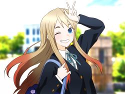 Rule 34 | 1girl, arm up, bag, blazer, blonde hair, blue eyes, blue jacket, blue ribbon, blurry, blurry background, buttons, clenched teeth, commentary request, cosplay, gradient hair, highres, holding, holding bag, jacket, k-on!, kitagawa marin, kotobuki tsumugi, kotobuki tsumugi (cosplay), long hair, long sleeves, looking at viewer, multicolored hair, nekonopapa, one eye closed, orange hair, outdoors, ribbon, sakuragaoka high school uniform, school bag, school uniform, shirt, smile, solo, sono bisque doll wa koi wo suru, teeth, thick eyebrows, upper body, v, white shirt