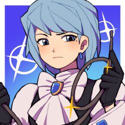 Rule 34 | 1girl, ace attorney, black gloves, black vest, blue background, blue eyes, blue hair, blush, border, bow, bowtie, closed mouth, earrings, franziska von karma, frown, gloves, highres, holding, holding whip, jewelry, looking at viewer, mole, mole under eye, outside border, portrait, shirt, short hair, solo, sparkle, swept bangs, vest, white border, white bow, white bowtie, white shirt, yezhi (48693232)