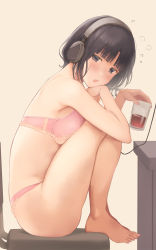 Rule 34 | 1girl, :o, bare arms, bare legs, bare shoulders, barefoot, black eyes, black hair, blunt bangs, blush, bra, cup, drink, from side, full body, headphones, highres, holding, holding cup, knees up, looking at viewer, looking to the side, nijisanji, open mouth, panties, pink bra, pink panties, serizawa (serizawaroom), short hair, simple background, sitting, sleepy, solo, suzuka utako, underwear, underwear only, virtual youtuber, yellow background