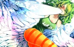Rule 34 | 1374597, 1girl, breasts, cleavage, closed eyes, donquixote pirates, green hair, harpy, long hair, monet (one piece), monster girl, one piece, pantyhose, solo, striped clothes, striped legwear, striped pantyhose, winged arms, wings