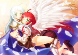 Rule 34 | 2girls, ahoge, angel wings, armor, blush, braid, cape, d472951 (artist), dated, dual persona, emilia justina, feathers, greaves, green eyes, holding hands, hataraku maou-sama!, high heels, long hair, multiple girls, office lady, pencil skirt, red hair, shoes, side braid, signature, skirt, smile, vest, white hair, wings, yusa emi