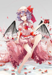 Rule 34 | 1girl, absurdres, ascot, bad anatomy, bad feet, barefoot, bat wings, blurry, fang, flower, full body, gradient background, hat, hat ribbon, highres, light purple hair, mangata, mob cap, open mouth, petals, poorly drawn, puffy sleeves, red eyes, remilia scarlet, ribbon, rose, sash, shirt, short hair, short sleeves, sitting, skirt, solo, touhou, wings