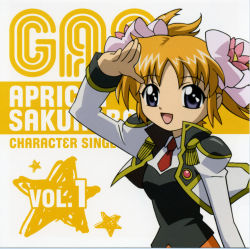 Rule 34 | 00s, 1girl, album cover, apricot sakuraba, blonde hair, broccoli (company), character name, cover, english text, flower, galaxy angel, galaxy angel rune, hair flower, hair ornament, highres, looking at viewer, necktie, non-web source, orange hair, puffy sleeves, ribbon, salute, short hair, short twintails, smile, solo, star (symbol), twintails, uniform