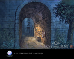 Rule 34 | 00s, abe yoshitoshi, brick wall, bulletin board, desk, door, exif thumbnail surprise, grass, haibane renmei, lamp, leaf, nature, night, no humans, outdoors, scenery, tree, tunnel, wall, wallpaper