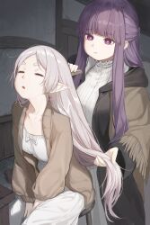 Rule 34 | 2girls, :t, absurdres, arms between legs, breasts, bright pupils, brushing another&#039;s hair, brushing hair, closed eyes, collarbone, commentary request, dress, earrings, elf, fern (sousou no frieren), frieren, grey hair, hair brush, half updo, highres, holding, holding another&#039;s hair, holding hair brush, indoors, jewelry, large breasts, long hair, looking at another, marse (rokudaime), multiple girls, parted bangs, poi, pointy ears, purple eyes, purple hair, sidelocks, sitting, small breasts, sousou no frieren, very long hair, white dress