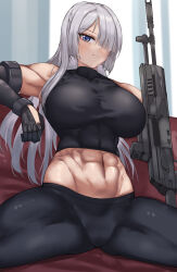 Rule 34 | 1girl, abs, absurdres, ak-15 (girls&#039; frontline), armpits, braid, breasts, closed mouth, covered abs, girls&#039; frontline, gloves, grey hair, groin tendon, gun, hair over one eye, highres, large breasts, long hair, looking at viewer, multiple girls, muscular, muscular female, purple eyes, purplecat, shirt, sitting, solo, spread legs, weapon