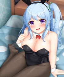 Rule 34 | 1girl, animal ears, arm at side, armpit crease, bang dream!, bare arms, bare shoulders, bed, black hairband, black leotard, blanket, blue hair, blush, bow, bowtie, breasts, brown pantyhose, cleavage, commentary request, cowboy shot, detached collar, fake animal ears, green ribbon, hair ribbon, hairband, hand up, highres, indoors, large breasts, leotard, long hair, looking at viewer, matsubara kanon, on bed, one side up, pantyhose, parted lips, playboy bunny, purple eyes, rabbit ears, raised eyebrows, red bow, red bowtie, ribbon, sidelocks, sitting, smile, solo, strapless, strapless leotard, sweat, valitran, wariza, wrist cuffs