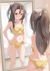 Rule 34 | 1girl, bed, bikini, breasts, brown hair, butt crack, closed mouth, collarbone, commentary, egg print, hair ribbon, half updo, highres, indoors, kantai collection, long hair, mirror, navel, print bikini, red eyes, reflection, ribbon, sakieko, small breasts, swimsuit, symbol-only commentary, white ribbon, yellow bikini, zuihou (kancolle)