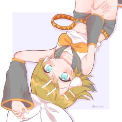 Rule 34 | 1girl, aqua eyes, arm above head, bare shoulders, blonde hair, bow, detached sleeves, flat chest, grey sailor collar, grey shorts, grey sleeves, hair bow, hair ornament, hairclip, hand on own leg, headphones, headset, highres, kagamine rin, leg warmers, light blush, looking at viewer, lying, midriff, navel, neckerchief, nnc225, number tattoo, on back, sailor collar, shirt, shirt rolled up, short hair, shorts, shoulder tattoo, sleeveless, sleeveless shirt, solo, tattoo, treble clef, twitter username, upside-down, vocaloid, white bow, yellow neckerchief