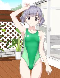 Rule 34 | 1girl, arena (company), bench, black eyes, collarbone, competition swimsuit, cowboy shot, deck, fence, flat chest, green one-piece swimsuit, highres, kantai collection, looking at viewer, one-piece swimsuit, ooshio (kancolle), outdoors, plant, potted plant, purple hair, short twintails, sliding doors, smile, solo, swimsuit, takafumi, trellis, twintails