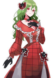 Rule 34 | 1girl, absurdres, alternate costume, black flower, black gloves, bow, breasts, choker, cleavage, cowboy shot, dress, dress bow, flower, frilled dress, frills, gloves, green hair, hair bow, hand on own chest, highres, kazami yuuka, long dress, long hair, looking at viewer, medium breasts, red choker, red dress, red eyes, solo, tohoyuukarin, touhou, white background
