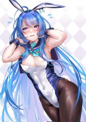 Rule 34 | 1girl, ahoge, anchor symbol, animal ears, ascot, azur lane, bare shoulders, black sailor collar, blue hair, blue leotard, bow, bowtie, breasts, brown pantyhose, cleavage, covered navel, detached collar, fake animal ears, hair between eyes, helena (azur lane), highres, kurono hyouka, leotard, long hair, looking at viewer, medium breasts, open mouth, pantyhose, playboy bunny, purple eyes, rabbit ears, rabbit tail, sailor collar, simple background, solo, strapless, strapless leotard, tail, white background, white leotard, wrist cuffs