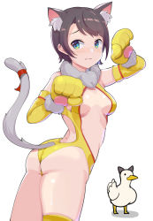 Rule 34 | 1girl, animal ear fluff, animal ears, animal hands, aqua eyes, ass, bare shoulders, breasts, breasts apart, brown hair, cat ears, cat girl, cat tail, closed mouth, cowboy shot, elbow gloves, from behind, fur collar, fur trim, gloves, highres, hololive, kemonomimi mode, looking back, looking to the side, meow head, oozora subaru, paw gloves, revealing clothes, ribbon, short hair, simple background, single thighhigh, subaru duck, swept bangs, tail, tail ornament, tail ribbon, thighhighs, virtual youtuber, white background, yellow thighhighs