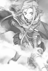 Rule 34 | 1girl, asuna (sao), bunbun, cape, closed mouth, fingerless gloves, floating hair, frown, gloves, greyscale, highres, holding, holding weapon, lance, long hair, long sleeves, miniskirt, monochrome, novel illustration, official art, pleated skirt, polearm, skirt, solo, stance, sword art online, thighhighs, v-shaped eyebrows, very long hair, weapon, zettai ryouiki