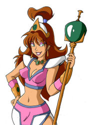 Rule 34 | 1girl, breasts, brown hair, captain n the game master, cleavage, crown, earrings, eyeshadow, green eyes, grin, hand on own hip, holding, holding staff, jewelry, lipstick, long hair, makeup, midriff, navel, necklace, nintendo, princess lana, smile, solo, staff, standing