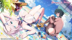 Rule 34 | 2girls, arms up, artist request, ass, azur lane, back, bare arms, bare back, bare shoulders, beach, beach mat, beach umbrella, bikini, bird, black choker, blue eyes, breasts, bridal garter, brown pantyhose, chick, choker, coconut, day, dead or alive, dead or alive xtreme, dutch angle, fishnet pantyhose, fishnets, from behind, green eyes, green hair, highres, knees up, large breasts, long hair, looking at viewer, looking back, luna (doa), luna (venus of the beach) (doa), lying, manjuu (azur lane), mole, mole under eye, multiple girls, official art, on back, outdoors, pantyhose, pink hair, short hair, sitting, skindentation, swimsuit, tamaki (doa), tamaki (venus shower time) (doa), thighs, umbrella, wet, white bikini, white hair