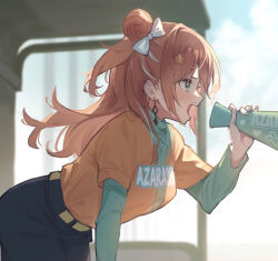 Rule 34 | black pants, blush, bow, breasts, buttons, clothes writing, commentary request, cowboy shot, double bun, earrings, facing to the side, from side, green eyes, green shirt, hair bow, hair bun, hair ornament, highres, holding, holding megaphone, igarashi rika, jewelry, long hair, looking ahead, medium breasts, megaphone, multicolored hair, multiple earrings, nijisanji, open mouth, orange hair, orange shirt, pants, shirt, sportswear, star (symbol), star hair ornament, two-tone hair, two side up, virtual youtuber, wata midori, white bow, white hair