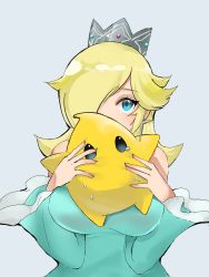 Rule 34 | 1girl, bare shoulders, black sclera, blonde hair, blue dress, blue eyes, breasts, colored sclera, covering own mouth, crown, dress, earrings, eyelashes, flipped hair, grey background, hair over one eye, highres, holding, jewelry, large breasts, long hair, looking at viewer, luma (mario), mario (series), nintendo, off-shoulder dress, off shoulder, rosalina, simple background, star (symbol), star earrings, super mario galaxy, sweat, tearing up, umesyu nomitai, upper body, wide sleeves