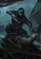Rule 34 | 1boy, animal, building, dagger, deer, game cg, gwent (game), highres, holding, holding weapon, hood, knife, night, non-web source, official art, outdoors, restrained, the witcher (series), weapon