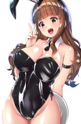 Rule 34 | 1girl, :d, alternate costume, amasora taichi, animal ears, black necktie, blunt bangs, breasts, brown eyes, brown hair, cleavage, fake animal ears, girls und panzer, highres, large breasts, leotard, long hair, looking at viewer, necktie, open mouth, playboy bunny, rabbit ears, rabbit girl, simple background, smile, solo, takebe saori, v, white background