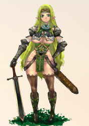Rule 34 | 1girl, amagi michihito, armor, boots, breasts, couter, elf, green hair, hand on own hip, hip focus, lace, lace-trimmed legwear, lace trim, large breasts, long hair, pelvic curtain, pointy ears, scabbard, sheath, solo, sword, thighhighs, underboob, weapon, wide hips