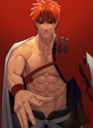 Rule 34 | 1boy, abs, arima (arima bn), bara, bare pectorals, black pants, cape, fate/grand order, fate (series), foreshortening, from side, highres, igote, knee up, large pectorals, looking at viewer, male focus, muscular, muscular male, nipples, pants, pectorals, red hair, senji muramasa (fate), short hair, single bare shoulder, solo, stomach, upper body, white cape, yellow eyes