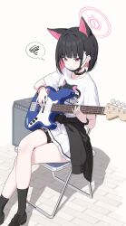 Rule 34 | 1girl, absurdres, animal ears, bass guitar, black collar, black footwear, black hair, black jacket, black mask, black socks, blue archive, cat ears, clothes around waist, collar, commentary, crossed legs, earclip, earrings, extra ears, halo, highres, instrument, jacket, jacket around waist, jewelry, kazusa (band) (blue archive), kazusa (blue archive), loafers, looking down, mask, mask around neck, mouth mask, music, official alternate costume, on chair, pink eyes, pink hair, pink halo, playing instrument, pleated skirt, shirt, shoes, short hair, short sleeves, simple background, sitting, skirt, socks, solo, stud earrings, tem (tempainting1), white background, white shirt, white skirt, wristband