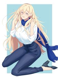 Rule 34 | 1girl, black footwear, blonde hair, blue background, blue eyes, blue scarf, border, commentary request, full body, hair between eyes, high-waist pants, high heels, highres, kantai collection, kneeling, long hair, looking at viewer, mole, mole under eye, mole under mouth, pants, richelieu (kancolle), scarf, shingyou (alexander-13), shirt, solo, two-tone background, white border, white shirt