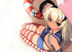 Rule 34 | 10s, 1girl, :&lt;, anchor, anchor hair ornament, bare shoulders, black panties, blonde hair, blurry, blush, brown eyes, closed mouth, crop top, depth of field, elbow gloves, from above, gloves, hair ornament, hairband, highleg, highleg panties, highres, jitome, kantai collection, lifebuoy, long hair, looking at viewer, looking back, microskirt, panties, pleated skirt, sailor collar, seiza, shimakaze (kancolle), shiny clothes, sitting, skirt, solo, striped clothes, striped thighhighs, swim ring, thighhighs, underwear, wariza, white gloves, zenix, zettai ryouiki
