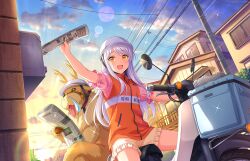 Rule 34 | + +, 1girl, basket, blitzen, blush, cloud, cloudy sky, delivery, eve santaclaus, hard hat, helmet, high-visibility vest, house, idolmaster, idolmaster cinderella girls, long hair, motor vehicle, motorcycle, newspaper, nose bubble, official art, on motorcycle, open mouth, orange vest, pink shirt, plaid, power lines, reading, reindeer, shirt, shorts, sky, tongue, vest, white hair, yellow eyes