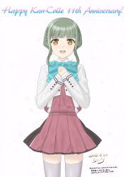 Rule 34 | 1girl, absurdres, anniversary, aqua bow, aqua bowtie, blazer, bob cut, bow, bowtie, braid, brown eyes, commentary request, copyright name, cowboy shot, dated, dress, green hair, grey thighhighs, halterneck, hands on own chest, happy anniversary, highres, jacket, jewelry, kantai collection, live (livecafe), long sleeves, pleated dress, purple dress, ring, short hair, sidelocks, solo, takanami (kancolle), takanami kai ni (kancolle), thighhighs, translation request, wedding ring
