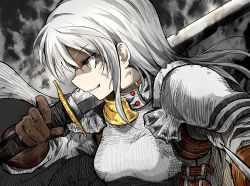 Rule 34 | 1girl, absurdres, armor, breasts, brown gloves, bruise, bruise on face, cape, character request, commentary request, facing to the side, from side, gloves, grey background, grey cape, grey hair, grey shirt, highres, holding, holding weapon, injury, long hair, medium breasts, over shoulder, shimoda masaya, shirt, shoulder armor, smile, solo, sword, sword over shoulder, translation request, two-sided cape, two-sided fabric, upper body, vahren tuga, weapon, weapon over shoulder, yellow eyes