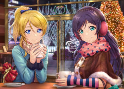 Rule 34 | 10s, 2girls, aqua eyes, arm warmers, artist name, ayase eli, bag, beige scarf, blonde hair, blue bow, blue eyes, blue shirt, blush, bow, brown capelet, cafe, capelet, chair, christmas, christmas lights, christmas tree, closed mouth, commentary request, cup, dated, earmuffs, elbows on table, fingerless gloves, fur-trimmed capelet, fur-trimmed sleeves, fur trim, gift bag, gloves, hair between eyes, hair bow, hair down, highres, holding, holding cup, indoors, long hair, long sleeves, looking at viewer, love live!, love live! school idol festival, love live! school idol project, menu, mug, multiple girls, night, pink scarf, plate, ponytail, pov across table, print scarf, purple hair, saucer, scarf, shamakho, shirt, shopping bag, sidelocks, signature, smile, spoon, star (symbol), star print, striped, striped bow, tojo nozomi, window, winter clothes