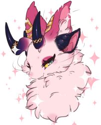 Rule 34 | animal ear fluff, animal focus, blue eyes, blush, cait sith (dragalia lost), closed mouth, colored sclera, creature, dragalia lost, ear ornament, extra ears, fang, half-closed eyes, happy, horn ornament, horns, ingi, looking at viewer, neck fur, no humans, portrait, purple horns, simple background, skin fang, smile, solo, sparkle, white background, yellow sclera