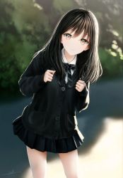 Rule 34 | 1girl, black cardigan, black hair, blush, brown eyes, cardigan, day, highres, leaning to the side, long hair, looking at viewer, necktie, ojay tkym, original, outdoors, pleated skirt, school uniform, skirt, smile, solo