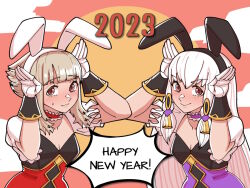 Rule 34 | 2023, 2girls, alternate costume, animal ears, black vs white, blonde hair, blush, breasts, chinese zodiac, cleavage, english text, fake animal ears, female focus, fire emblem, fire emblem: three houses, fire emblem heroes, hairband, happy new year, long hair, looking at viewer, lysithea von ordelia, mnejing30, multiple girls, new year, nintendo, rabbit ears, rabbit pose, small breasts, smile, speech bubble, veronica (fire emblem), white hair, wrist cuffs, year of the rabbit
