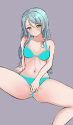 Rule 34 | 1girl, aqua bra, aqua panties, arm support, bang dream!, bare legs, bare shoulders, between legs, blush, bra, closed mouth, collarbone, embarrassed, feet out of frame, green eyes, green hair, grey background, hair between eyes, halterneck, hand between legs, hand on own crotch, head tilt, highres, hikawa sayo, invisible chair, leaning back, long hair, looking at viewer, navel, panties, ptal, sidelocks, simple background, sitting, sketch, solo, spread legs, stomach, swept bangs, underwear