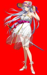 Rule 34 | 1girl, ankle ribbon, bare legs, blue eyes, bow, bracelet, breasts, collarbone, criss-cross halter, dress, floating hair, flower, full body, halterneck, hat, hat flower, hat ribbon, high heels, highres, holding, holding sheath, ilucia (langrisser), jewelry, langrisser, langrisser mobile, large breasts, leg ribbon, long hair, looking at viewer, official art, parted lips, pumps, purple ribbon, red bow, ribbon, see-through, sheath, sheathed, short dress, silver hair, sleeveless, sleeveless dress, smile, solo, standing, straight hair, straw hat, sun hat, sword, transparent background, very long hair, weapon, white dress, white flower, white footwear, white ribbon, yellow hat