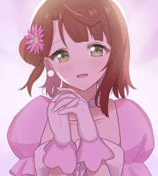 Rule 34 | 1girl, absurdres, artist name, artist request, blush, bow, braid, braided bun, breasts, cleavage, collarbone, dream with you (love live!), dress, dress bow, earrings, female focus, flower, frilled dress, frills, gloves, green eyes, hair bun, highres, jewelry, looking at viewer, love live!, love live! nijigasaki high school idol club, love live! school idol festival, necklace, orange hair, own hands together, parted lips, pearl earrings, pearl necklace, pink bow, pink flower, pink wrist cuffs, puffy short sleeves, puffy sleeves, red hair, short hair, short sleeves, side bun, single hair bun, small breasts, smile, solo, sukaoto, sukaoto (scarot555), uehara ayumu, upper body, white dress, white gloves, wrist cuffs, yellow eyes