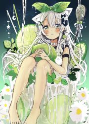 Rule 34 | 1girl, animal ear fluff, animal ears, barefoot, black bow, blush, bow, cat ears, closed mouth, commentary request, crescent, cup, dress, drink, drinking glass, flower, food, fruit, green bow, green eyes, green ribbon, hair between eyes, hair bow, hair ornament, hair ribbon, hairclip, highres, lime (fruit), lime slice, long hair, looking at viewer, mini person, minigirl, hugging object, original, ribbon, sakura oriko, sitting, sleeveless, sleeveless dress, solo, star (symbol), very long hair, white dress, white flower, white hair, white ribbon, x hair ornament