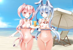 Rule 34 | 2girls, animal ears, beach, bell, blue eyes, blue hair, breast rest, breasts, breasts on tray, carried breast rest, carrying, cat ears, cat girl, cat tail, choker, cowboy shot, female focus, large breasts, long hair, multiple girls, navel, neck bell, nipples, ocean, outdoors, pink eyes, pink hair, pussy, rabbit ears, tail, tray, twintails, uncensored, youko (930921)