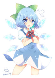 Rule 34 | 1girl, artist name, blue dress, blue eyes, blue hair, bow, cirno, commentary request, crossed arms, dated, dress, eyes visible through hair, green bow, hair between eyes, hands up, highres, ice, ice wings, looking at viewer, open mouth, ougi hina, puffy short sleeves, puffy sleeves, red bow, red neckwear, short hair, short sleeves, simple background, solo, standing, touhou, white background, white sleeves, wings