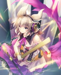 Rule 34 | 1girl, blonde hair, closed mouth, commentary request, earmuffs, holding, looking at viewer, makuwauri, neck ribbon, pink ribbon, pointy hair, purple skirt, ribbon, ritual baton, short hair, skirt, sleeveless, smile, solo, touhou, toyosatomimi no miko, yellow eyes