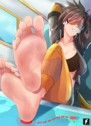 Rule 34 | 1girl, arms up, artist logo, barefoot, blue nails, brown eyes, brown hair, collarbone, crossed ankles, feet, feet on table, feet up, female focus, foot focus, foreshortening, goggles, highres, jacket, leggings, long sleeves, looking at viewer, map, nail polish, open clothes, open jacket, orange pants, overwatch, paid reward available, pants, parted lips, short hair, sitting, soles, solo, teng zhai zi, thighs, toenail polish, toenails, toes, tracer (overwatch)