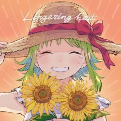 Rule 34 | 1girl, bare arms, blush, clenched teeth, close-up, closed eyes, crying, dot nose, english text, facing viewer, fingernails, flower, gradient background, green hair, grin, gumi, hand on headwear, hand up, happy, hat, holding, holding flower, orange background, raputsue, red ribbon, ribbon, shadow, short hair, short hair with long locks, sidelocks, simple background, smile, solo, straw hat, striped, striped background, sun hat, sunflower, tears, teeth, upper body, very short hair, vocaloid, yellow flower